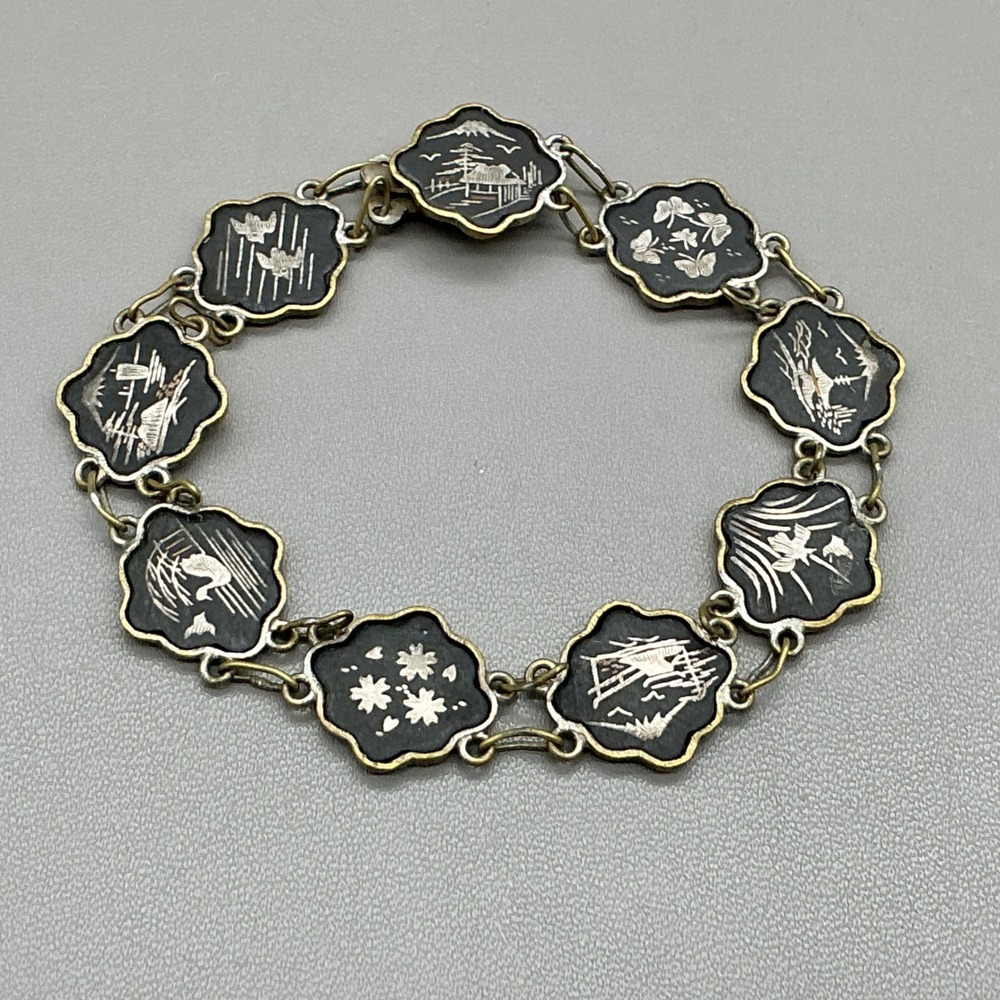 Vintage Bracelet Japanese Damascene Black Gold Silver Scenic Panel 7.5"
